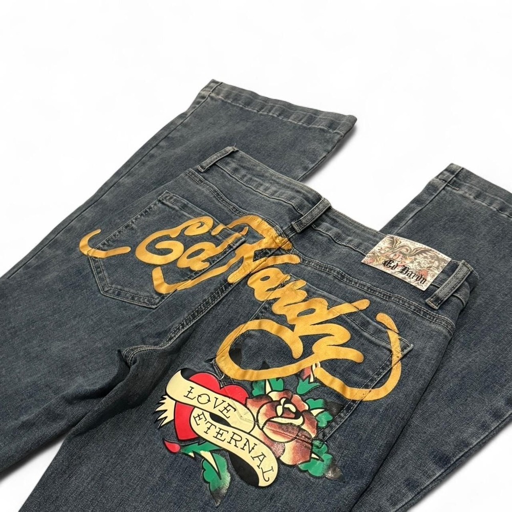 Vintage Ed Hardy Jeans Women Gray Excellent Embroidered Bootcut Tattoo 28
